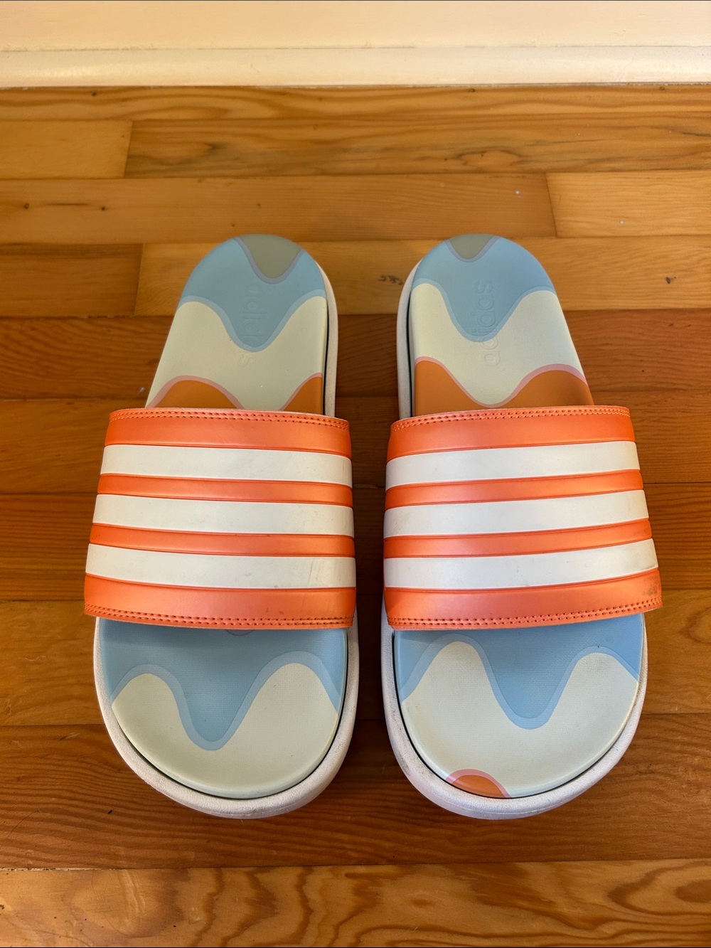 Adidas Orange Blue and White Slides with White Trim